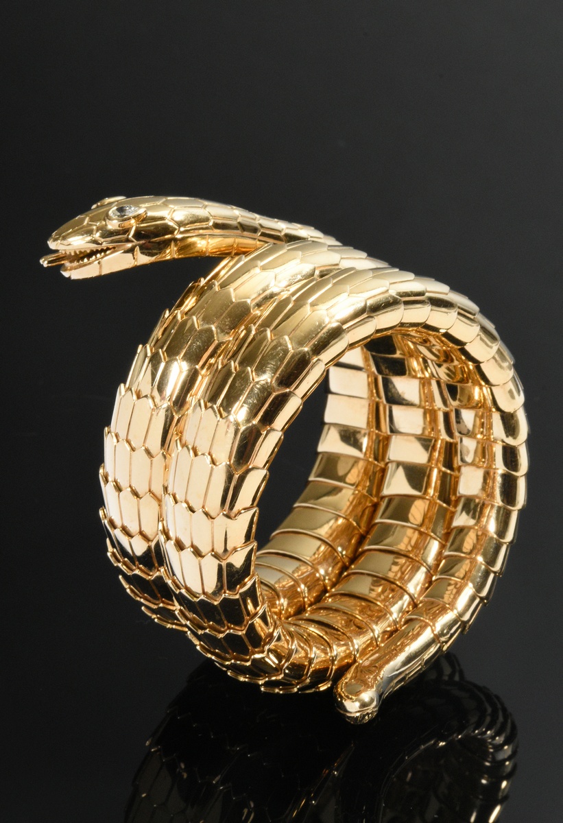 Yellow gold 750 snake spiral bangle with serrated scales and drop-cut diamond eyes (together approx