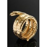 Yellow gold 750 snake spiral bangle with serrated scales and drop-cut diamond eyes (together approx