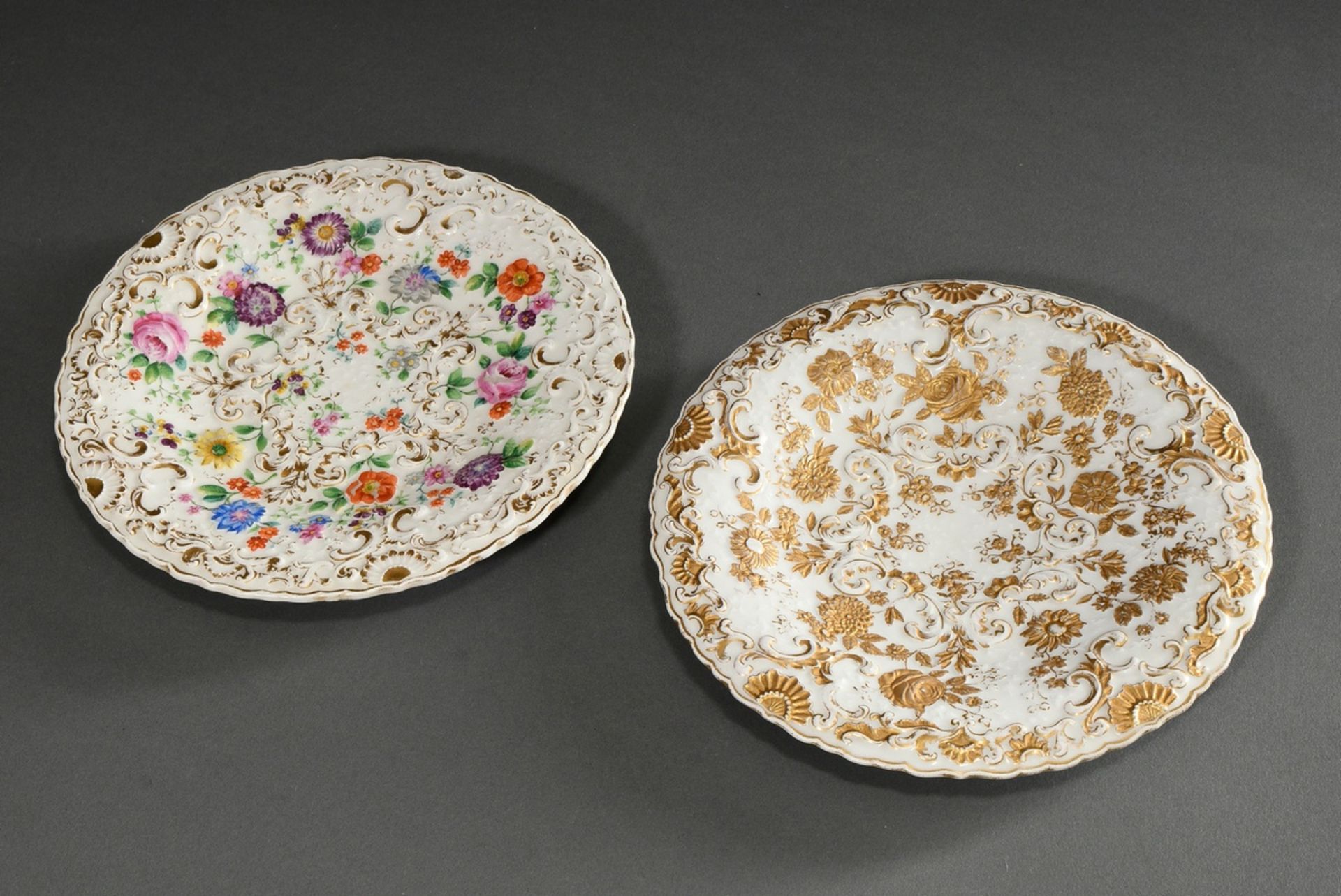 2 Various Meissen ceremonial plates with relief flower decoration, polychrome and gold painted, aro - Image 2 of 5