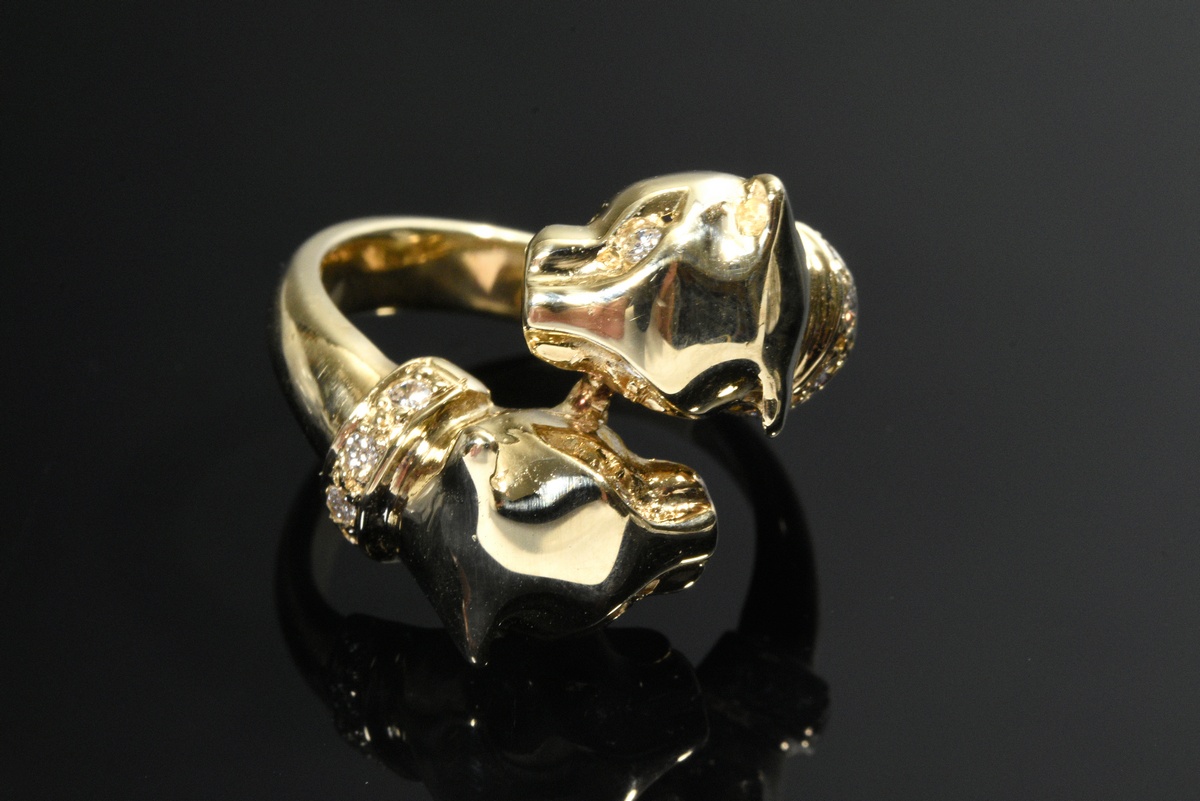 Yellow gold 585 ring made of 2 panther heads looking at each other with diamond eyes and collars (t - Image 3 of 4