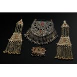 4 Various pieces of Afghan hair, temple and breast ornaments with red, green and blue stones, rich,