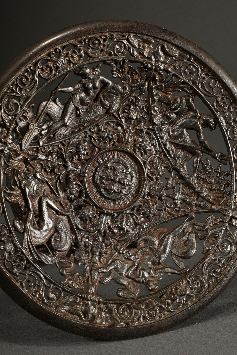 Round Berlin iron centrepiece ‘Poseidon, Amphitrite, Triton and Nereid’ with vegetal openings on pa - Image 3 of 4