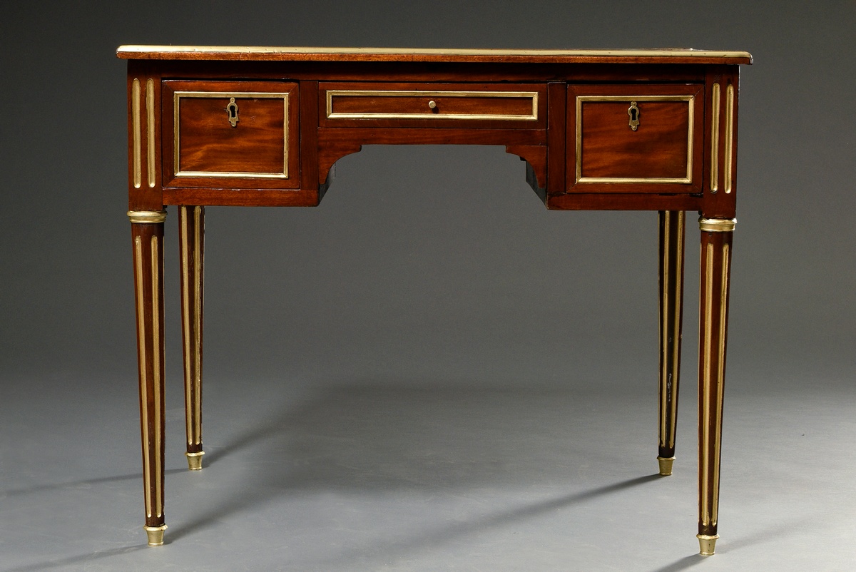 Classicist lady's desk with 3 drawers in the frame on fluted legs, mahogany with gilded brass inlay - Image 2 of 5