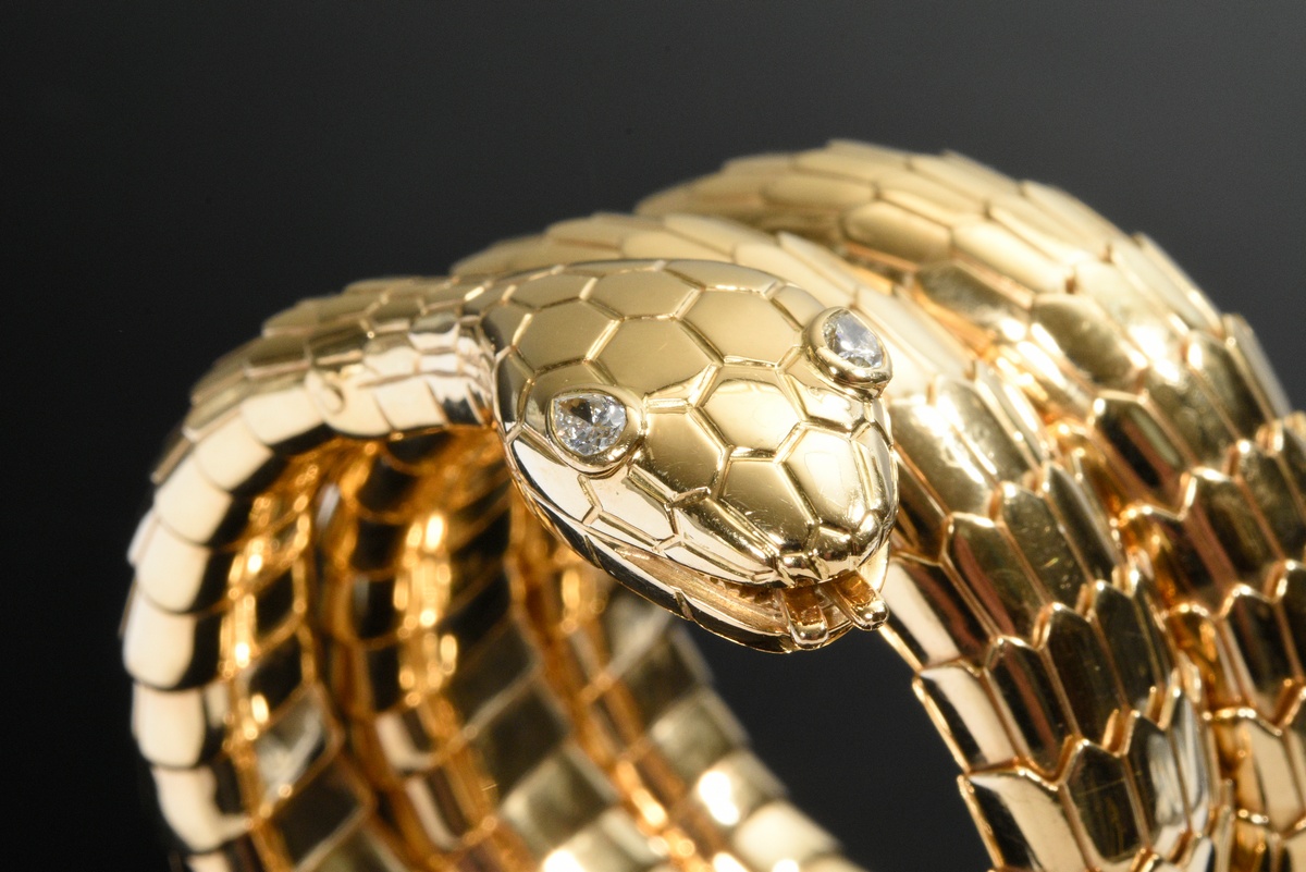Yellow gold 750 snake spiral bangle with serrated scales and drop-cut diamond eyes (together approx - Image 3 of 3
