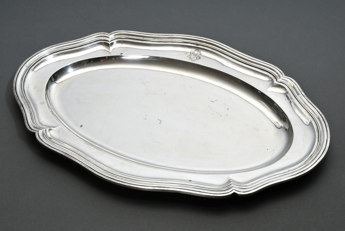 Oval plate with Chippendale rim and monogram engraving ‘BS’, German c. 1920, model no. 65573, silve