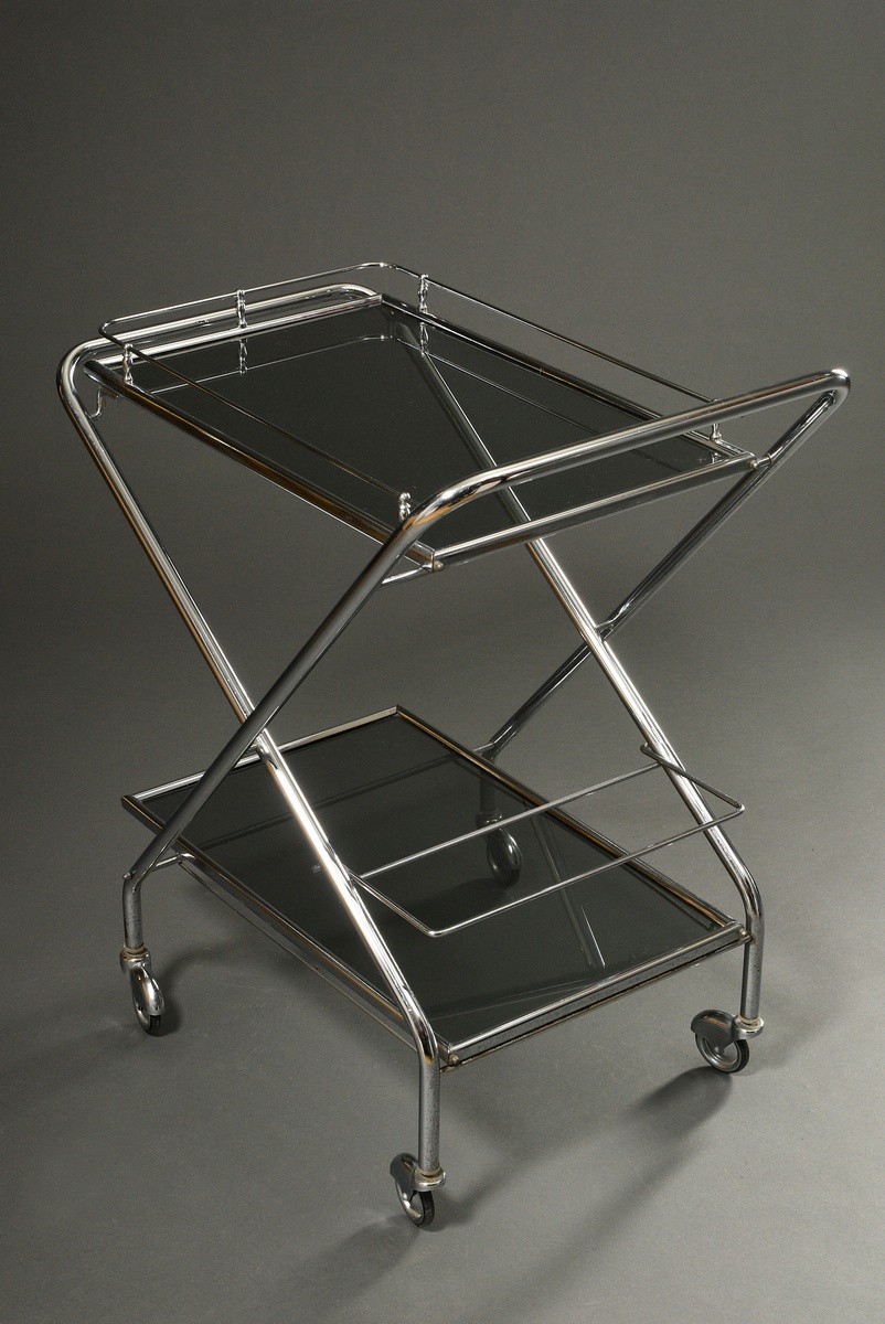 Folding tea trolley in Art Deco style with chrome-plated tubular steel scissor frame and two smoked - Image 2 of 4