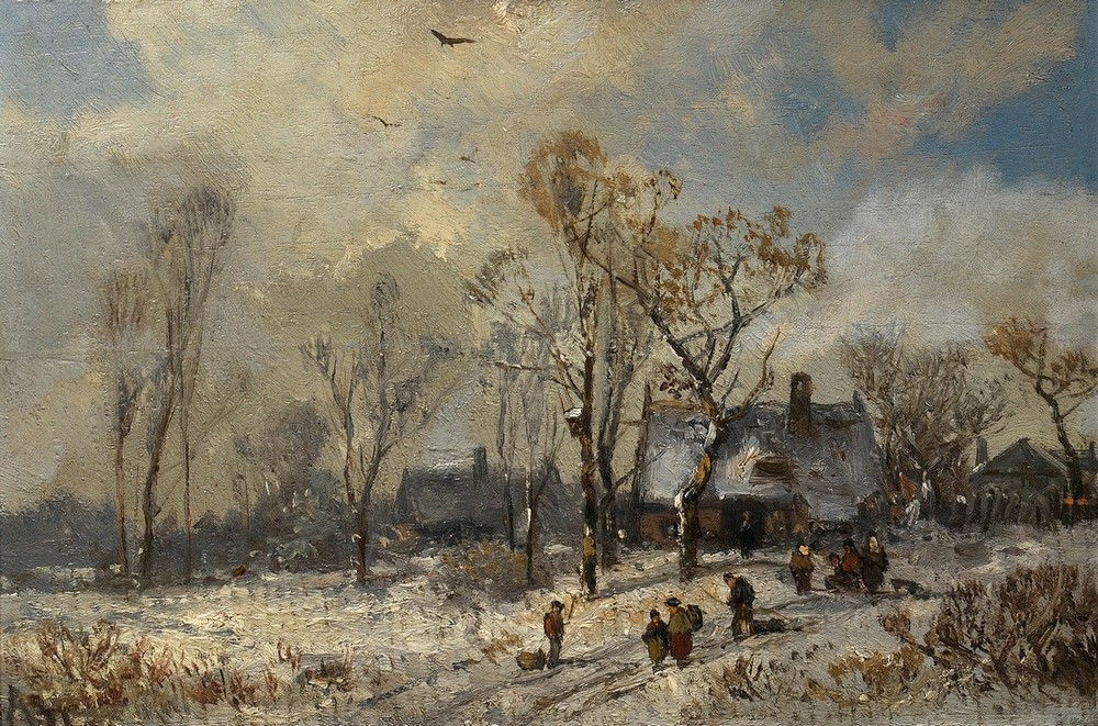 Stademann, Adolf (1824-1895) "Winter Landscape with Village and Figural Staffage", oil/wood, monogr