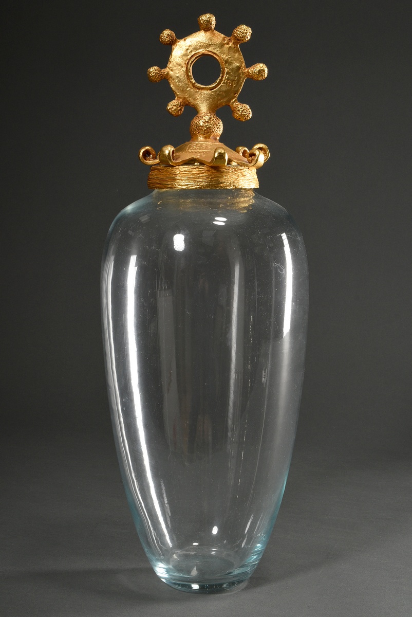 Casenove, Pierre (*1943) Crystal vase in ovoid form with zoomorphic lid, gilded metal, sign., found