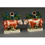 A pair of Staffordshire pendant groups ‘Cows’, soft porcelain polychrome painted, England 19th cent