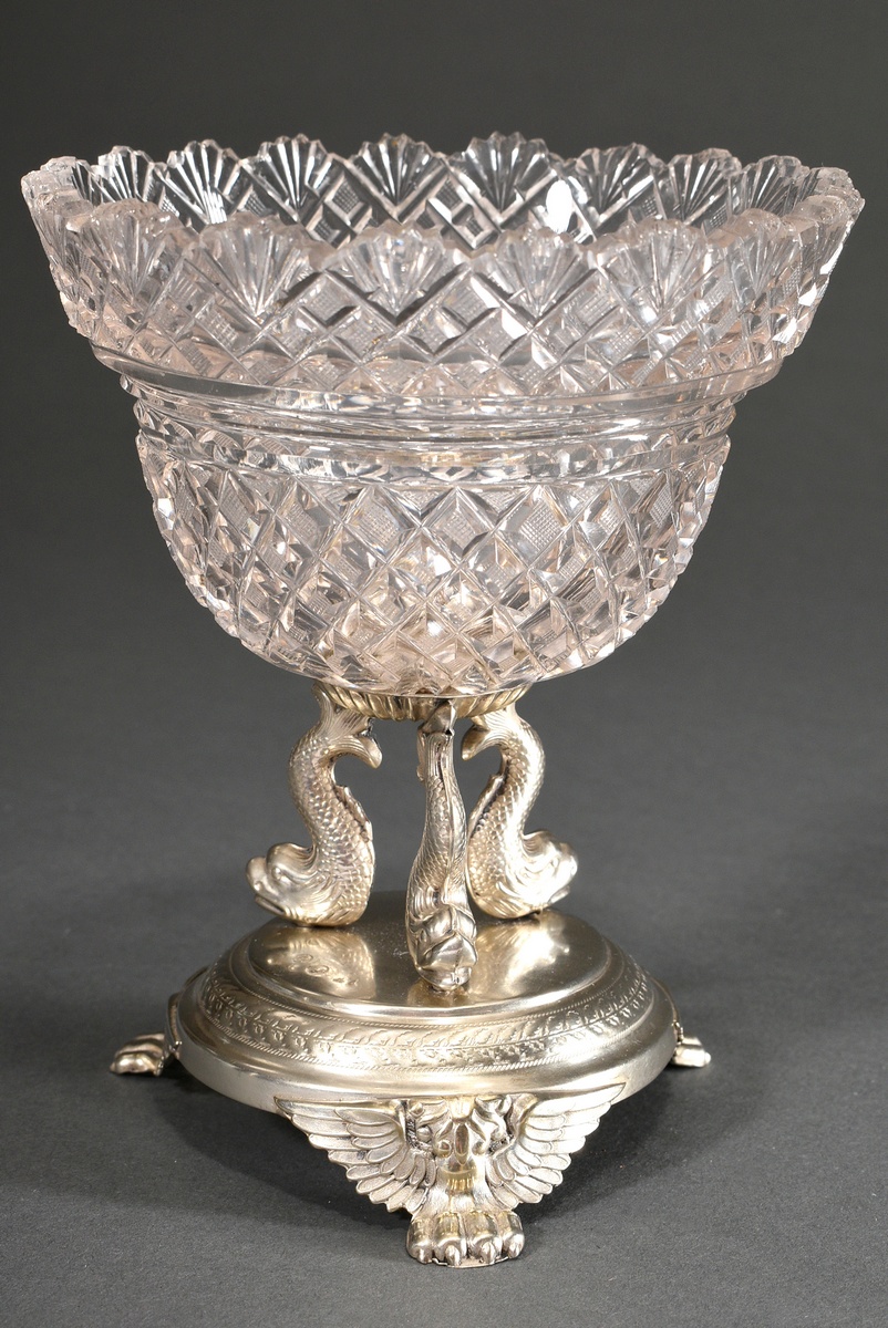An Empire sugar bowl with a crystal bowl over 3 sculptural dolphins on a round foot with 3 winged p