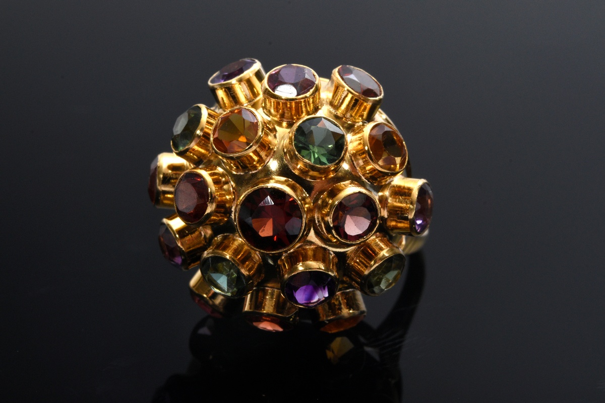 Yellow gold 800 Sputnik ring with amethysts, topazes, citrines and garnet, Portugal, 5.2g, size 55 - Image 4 of 4