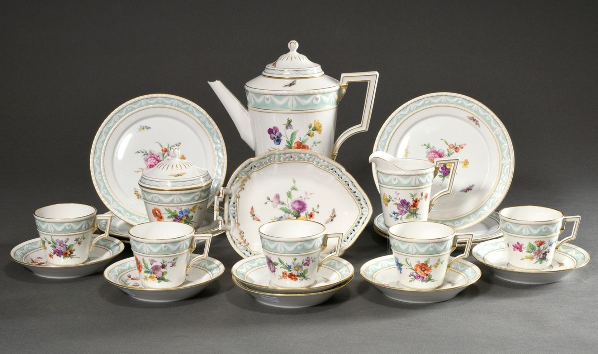 15 Pieces KPM coffee service "Kurland" with flowers and insects, gold staffage and turquoise frieze - Image 2 of 10