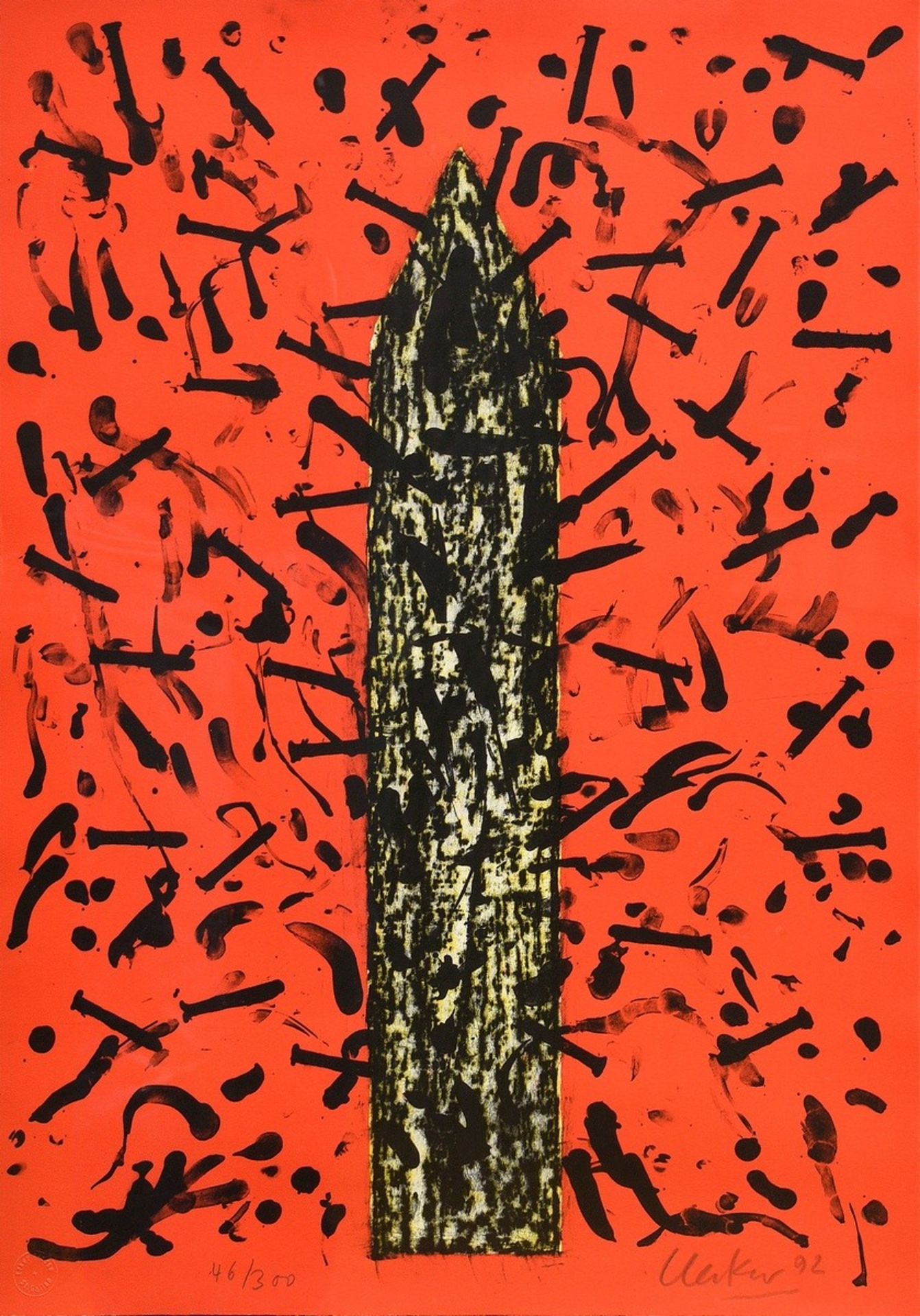 Uecker, Günther (*1930) "Der Turm von St. Michaelis" 1992, Farbserigraphie, 46/300, u. sign./dat./n