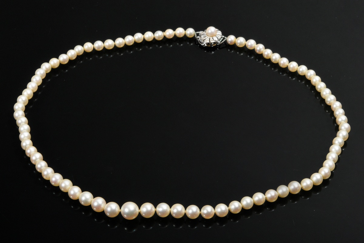 Fine cultured pearl necklace with round white gold 750 clasp, 26.7g, 50.5cm, Ø 5.4-8mm - Image 2 of 3