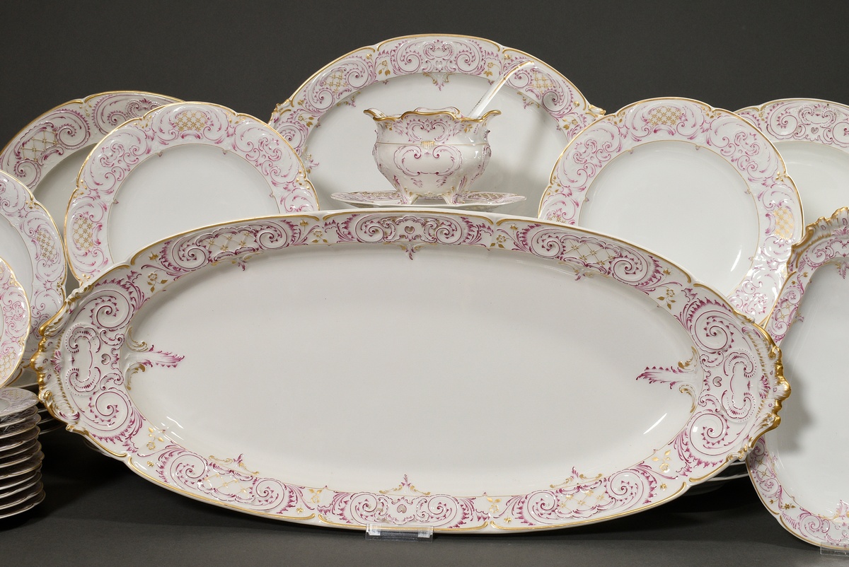 69 Pieces KPM dinner service in Rococo form with purple and gold staffage, red imperial orb mark, c - Image 17 of 22