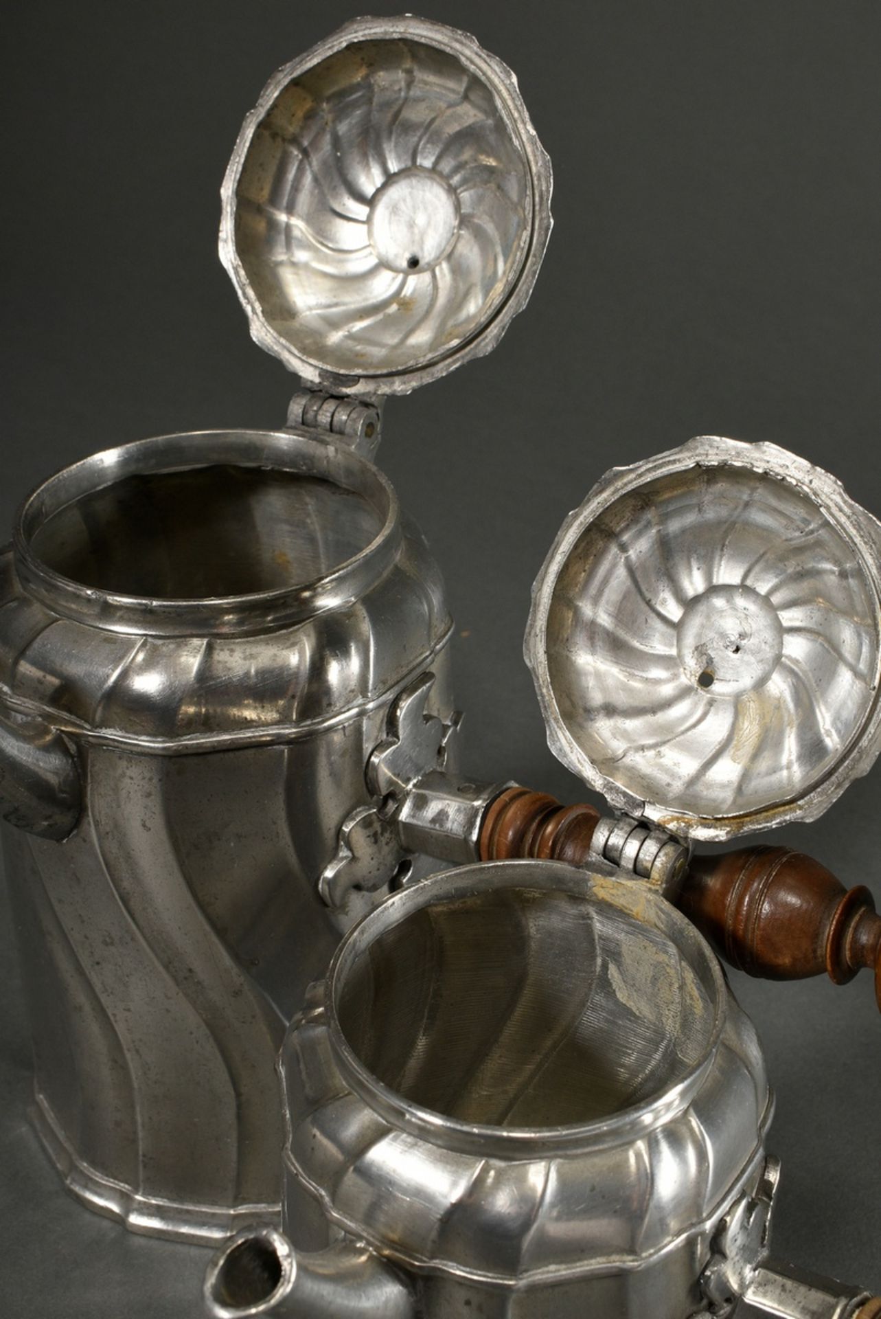 2 various pewter chocolateries with conical body, curved features and wooden handles on the sides,  - Image 4 of 6