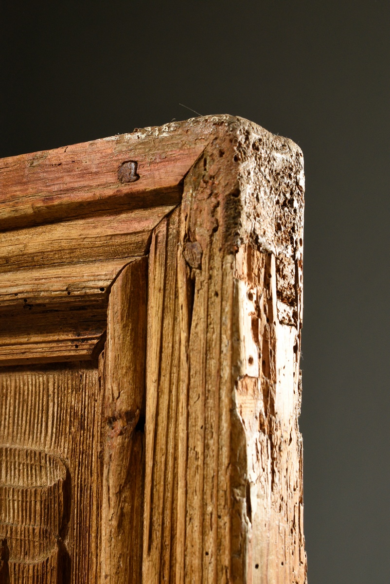 2 oak doors with folded panels, relief carvings in Gothic style in the infills, softwood, brass dro - Image 6 of 9