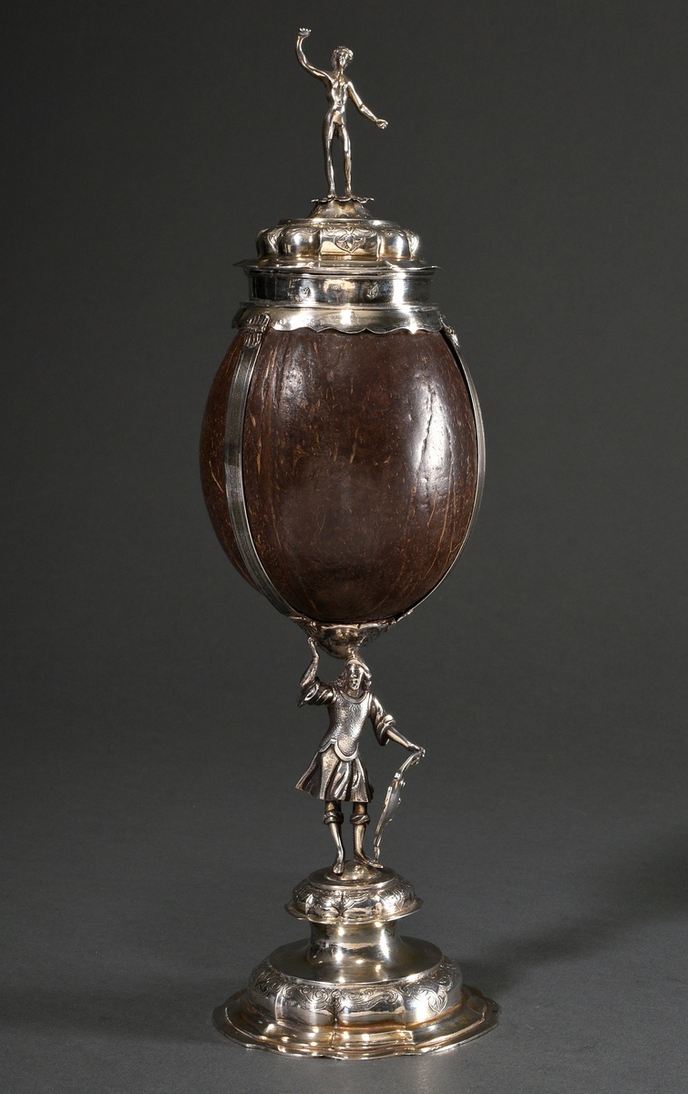 Splendid coconut goblet with engraved borders on a multi-pass stand and lid, the nut held by a smoo