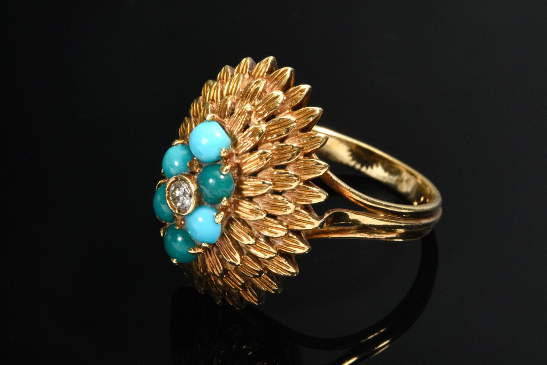 Midcentury Gelbgold 750 Ring mit Brillant (ca. 0.07ct/SI/W) in Türkis Cabochon Lunette auf gestuft  - Bild 2 aus 4