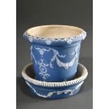 Small jasperware flower cachepot and saucer with delicate applied bisque porcelain reliefs in Wedgw