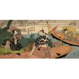 Utagawa Kunisada (1786-1865) "Boote im Schilf", colour woodblock prints, triptych, sign. Gototei Ku