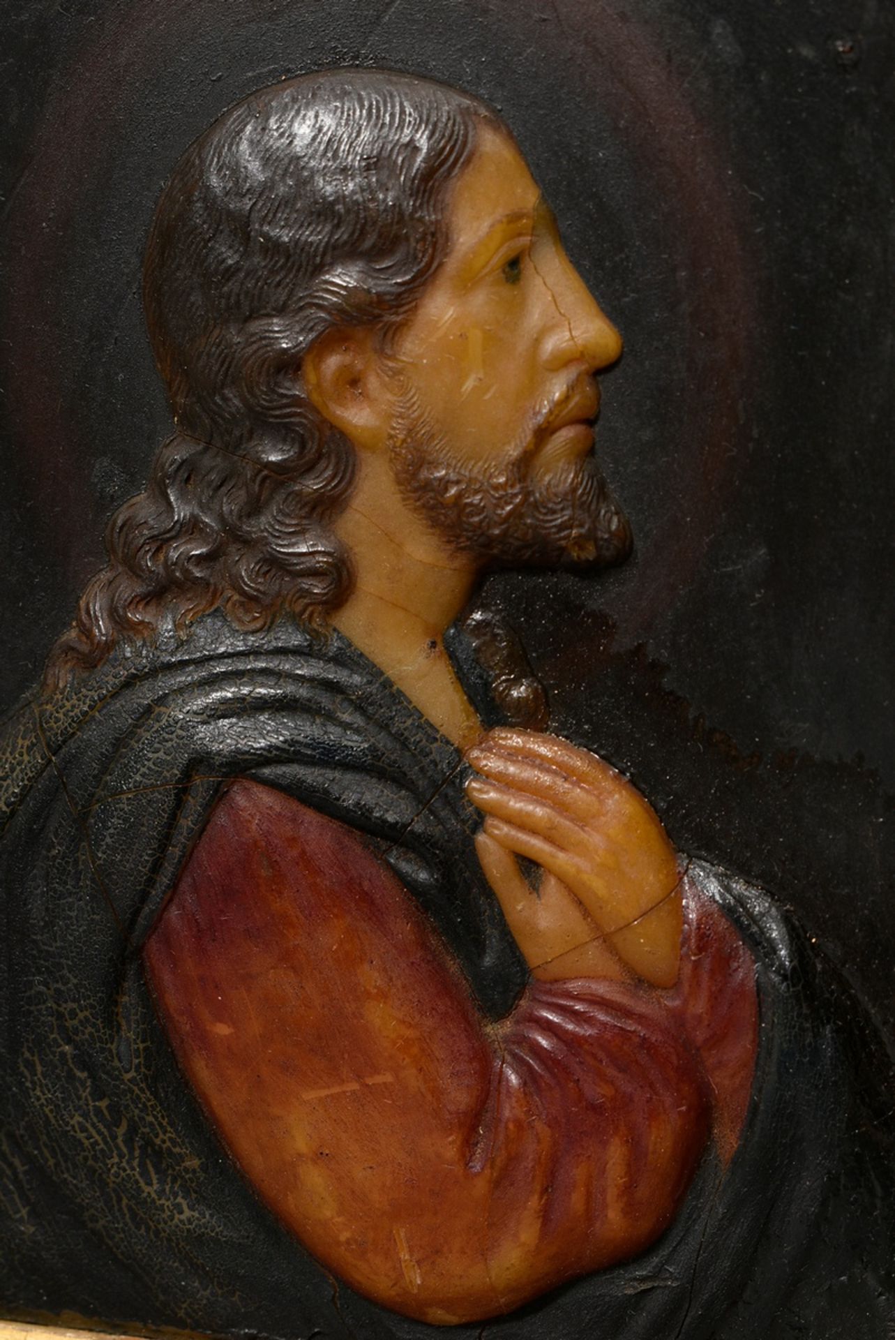 Farbiges Wachsrelief "Christus" in vergoldeter Rahmung, farbig bemalt, 19.Jh., 18,5x16cm, kleine De - Bild 4 aus 5