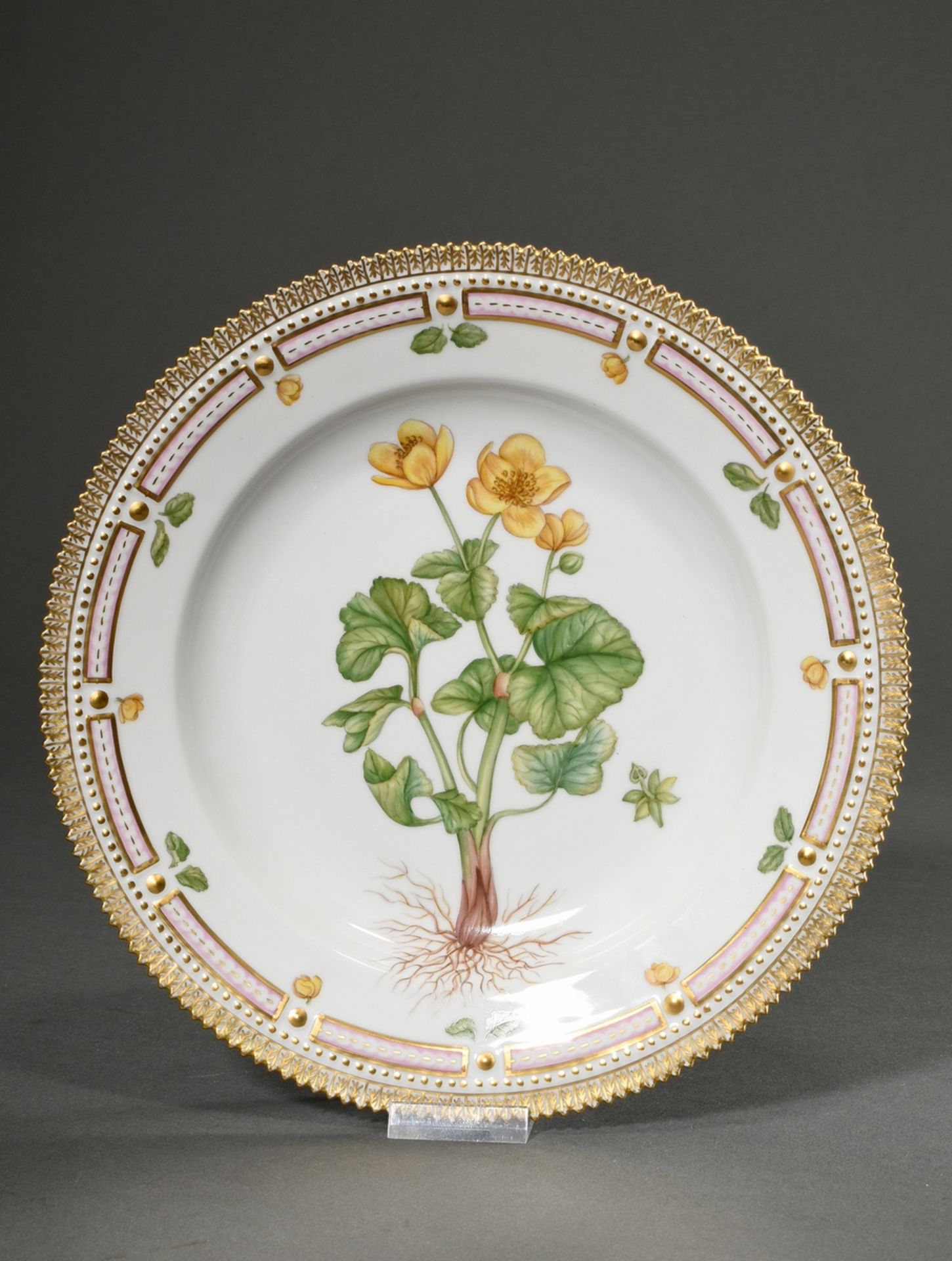 Royal Copenhagen "Flora Danica" Speiseteller mit polychromer Bemalung im Spiegel, Goldstaffage und  - Bild 5 aus 6