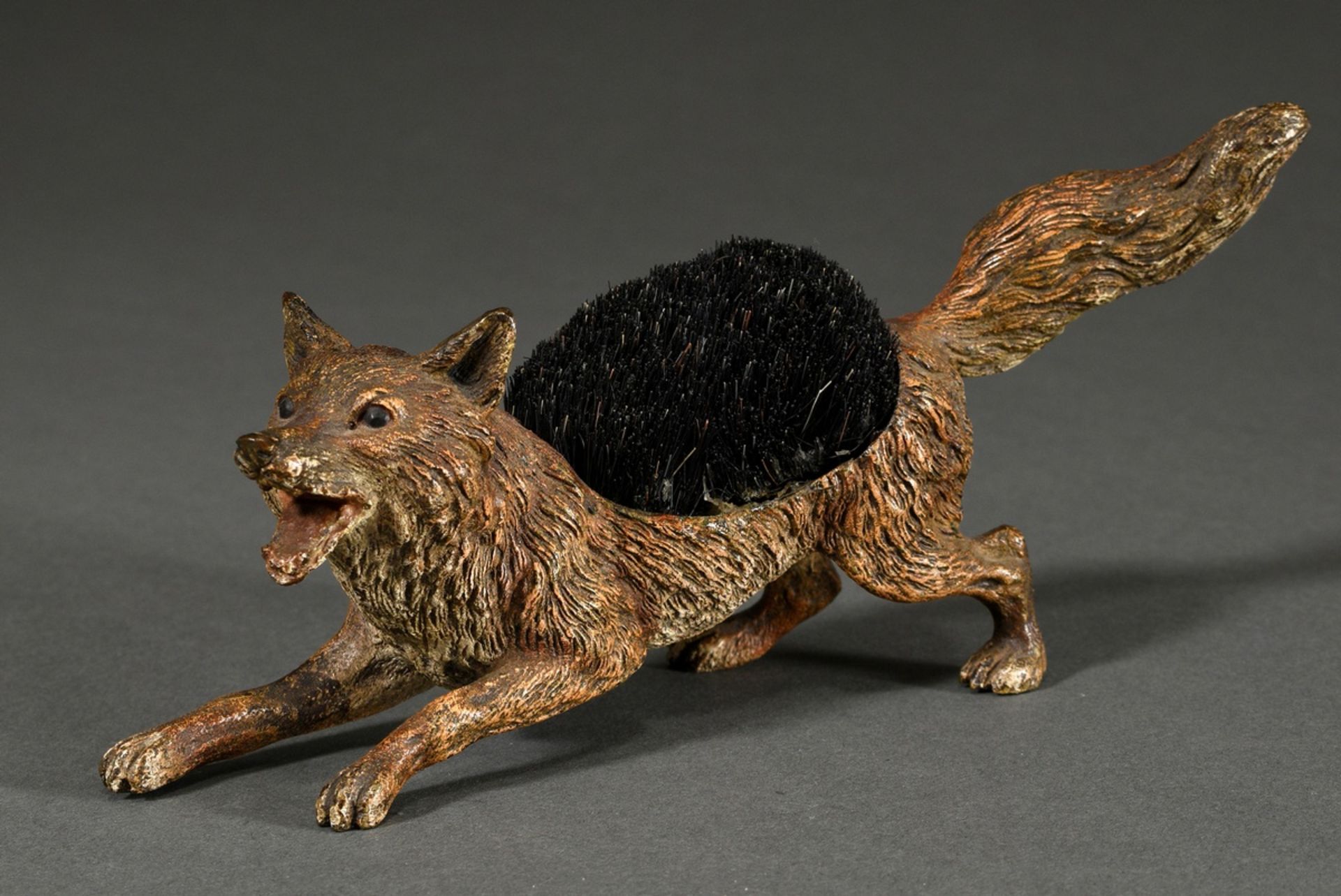 Viennese bronze "Fox" with wild boar bristle insert as needle holder or ink wiper, naturalistically