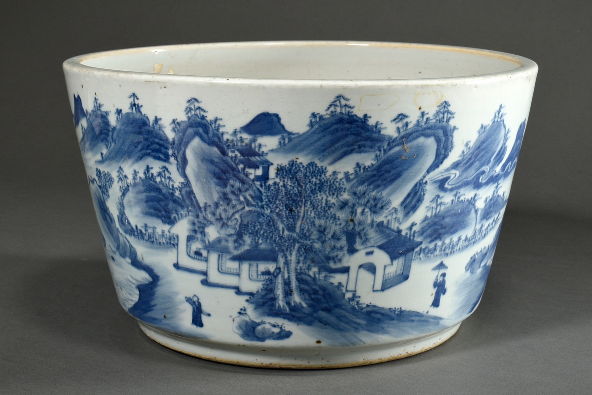Large porcelain cachepot with surrounding blue painting decoration "Wide landscape with staffage", 