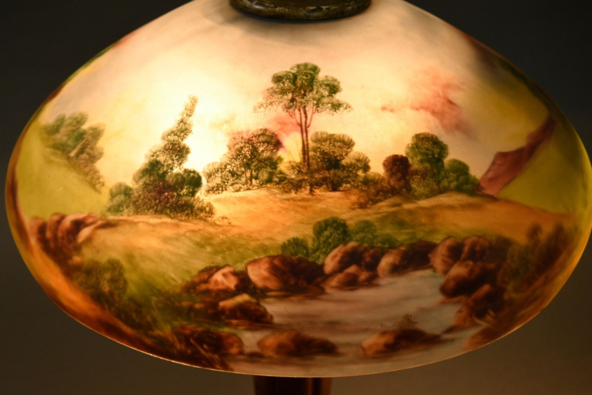 Art Nouveau table lamp with coloured cast zinc base and frosted glass shade painted on the inside " - Image 6 of 7