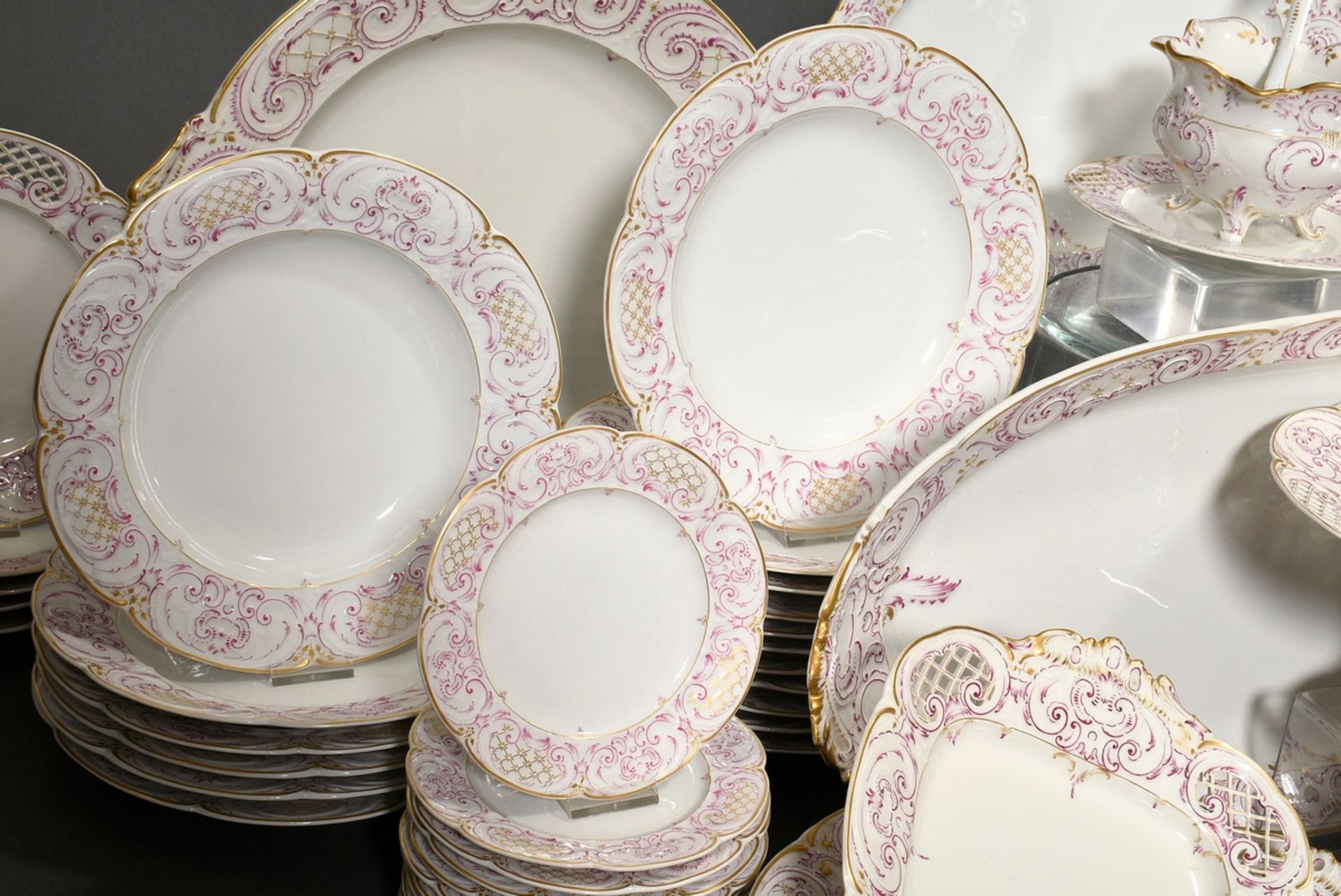 69 Pieces KPM dinner service in Rococo form with purple and gold staffage, red imperial orb mark, c - Image 9 of 22