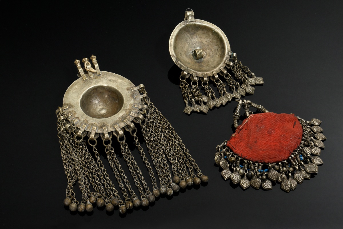 3 Various Afghan pendants: 1 mounted on fabric with stones, beads and bells and 2 domed discs with  - Image 8 of 10