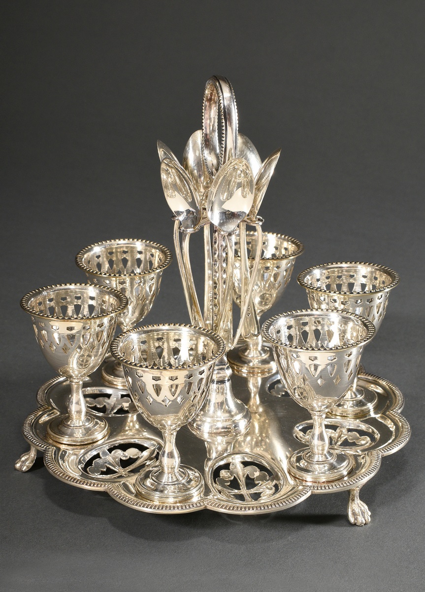 Silver-plated egg server with 6 egg cups and spoons, England approx. 1900, h. 20cm, Ø 20.5cm