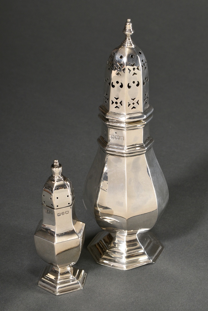 2 Various octagonal and hexagonal faceted shakers, MM: Walker & Hall / Henry Williamson Ltd., Birmi