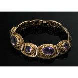 Midcentury Gelbgold 585 Armband mit 5 ovalen Amethysten auf ornamental gesägten Elementen, 20g, L. 