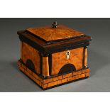 Biedermeier tea chest in temple form with pointed roof, inlaid rustic base and columns in the corne
