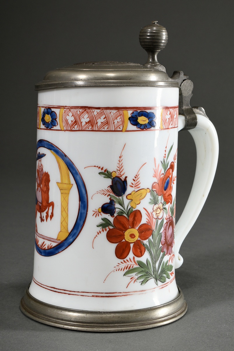 Baroque bone glass cylindrical jug with polychrome floral painting in enamel colours and medallion 