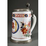 Baroque bone glass cylindrical jug with polychrome floral painting in enamel colours and medallion 