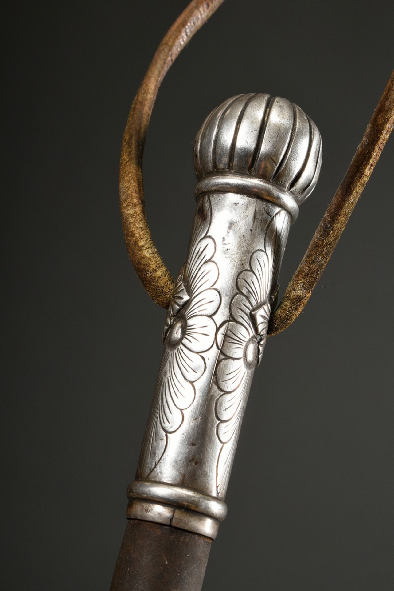 South American gaucho whip so-called Rebenque, leather with florally embossed silver cuffs and hand - Image 5 of 5