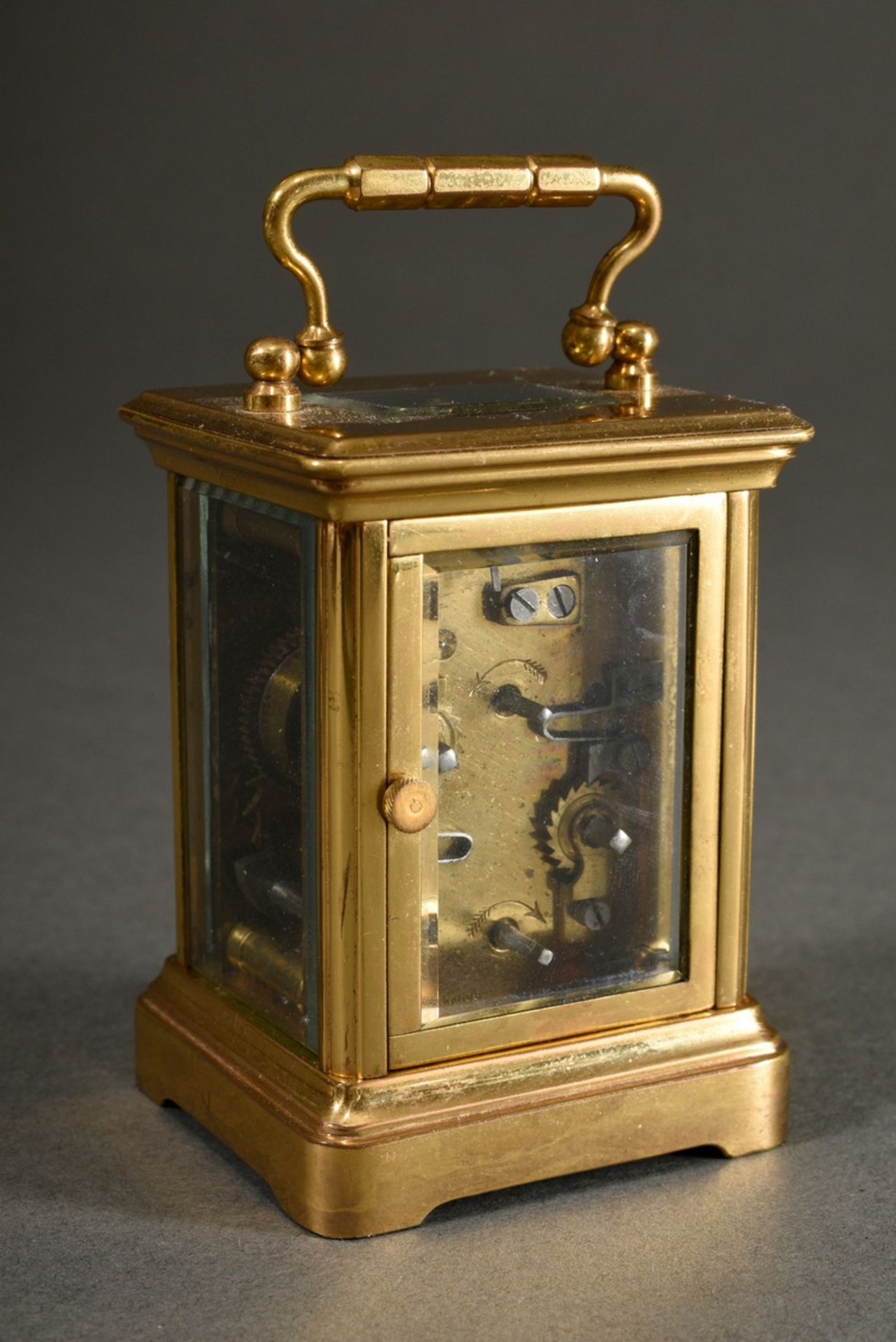 French miniature travel alarm clock in all-round glassed brass case, enamelled dial with Arabic num - Image 3 of 11