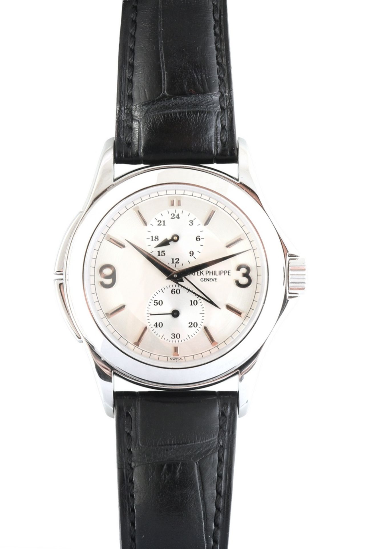 Attraktive Patek Philippe "Calatrava Travel Time" Armbanduhr, Ref. 5134G-001, zwei Zeitzonen, 24-St