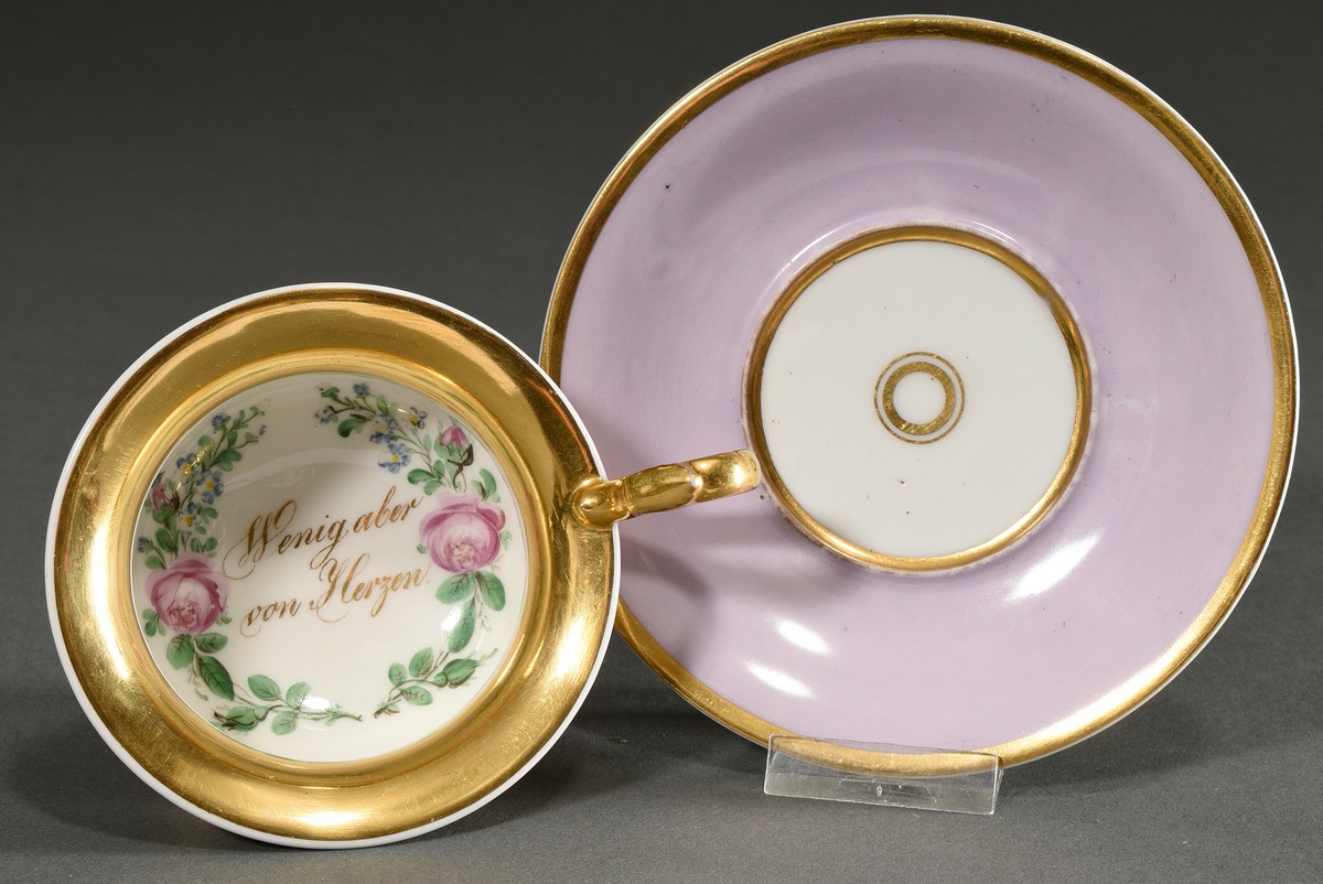 Biedermeier friendship cup/saucer with saying in the mirror "Wenig aber von Herzen" and flower pain - Image 3 of 5