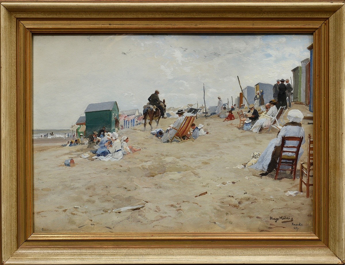 Mühlig, Hugo (1854-1929) "Beach life (Knocke)" 1909, gouache, b.r. sign./dat./inscr., verso sign./i - Image 2 of 4