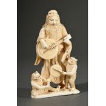 Ivory okimono ‘Chinese sage with moon lute accompanied by two drumming oni’, partially coloured bla