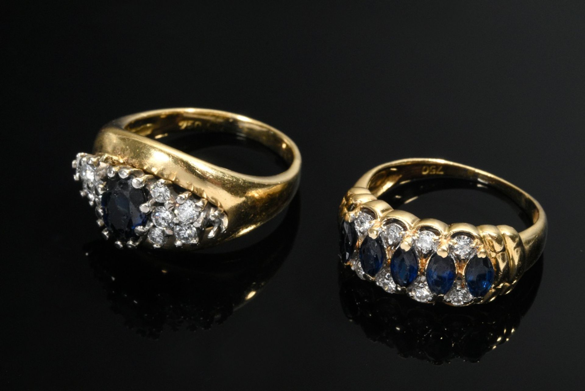 2 Diverse Gelbgold Ringe: 1 mit Saphir und Brillanten (zus. ca. 0.42ct/VS-SI/W,7,3g, Gr. 51) und 1  - Bild 2 aus 3