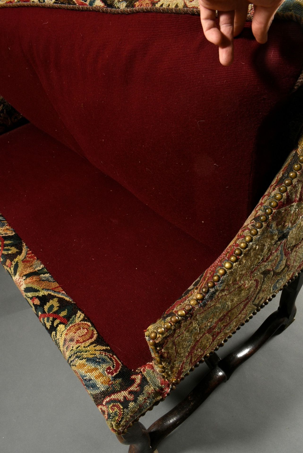 William & Mary "Loveseat" bench with carved frame and original embroidered upholstery "Lovers and H - Image 7 of 10