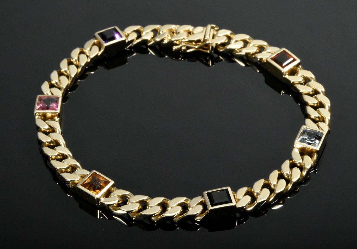 Yellow gold 585 armor bracelet with 6 different coloured stone carrés (amethyst, tourmaline, citrin