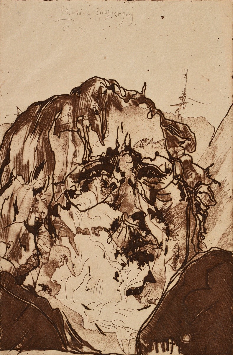 Janssen, Horst (1929-1995) ‘Selbstbildnis aus “Hokusai's Spaziergang”’ 1971, etching, sign./dat. lo