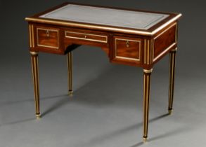 Classicist lady's desk with 3 drawers in the frame on fluted legs, mahogany with gilded brass inlay