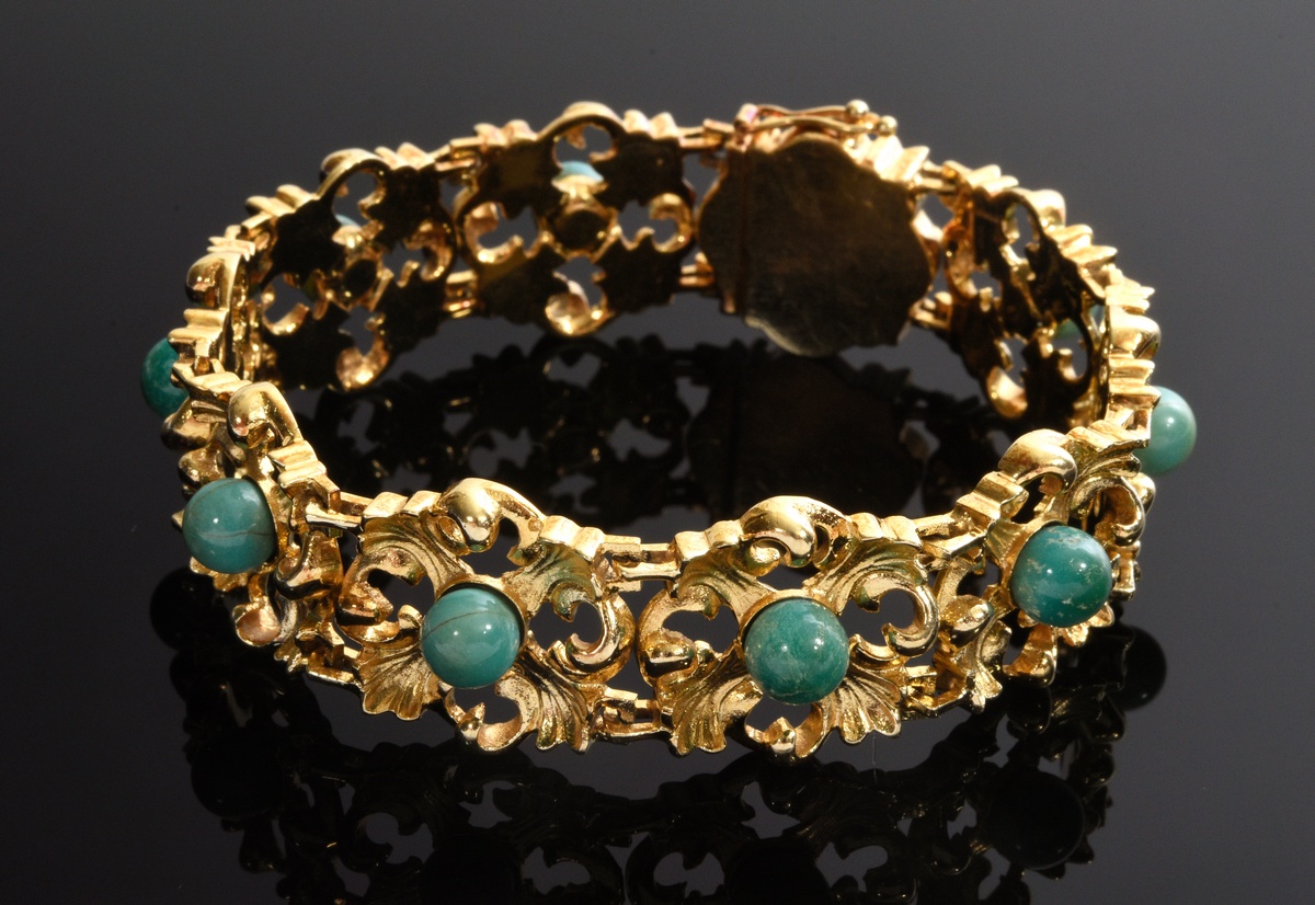 Vintage yellow gold 585 bracelet with greenish turquoise beads in ornamental settings, 48g, l. 18.5